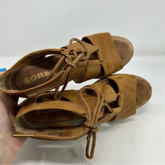 Sorel Joanie II Camel Brown Leather Lace Wedge Sandals Size 10 Summer Comfort - Picture 12 of 15